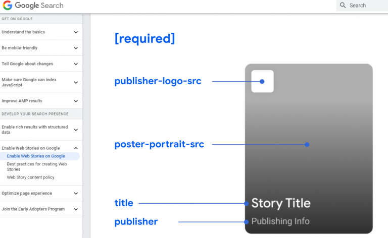 Screenshot of Enabling Web Stories from Google Developer Site